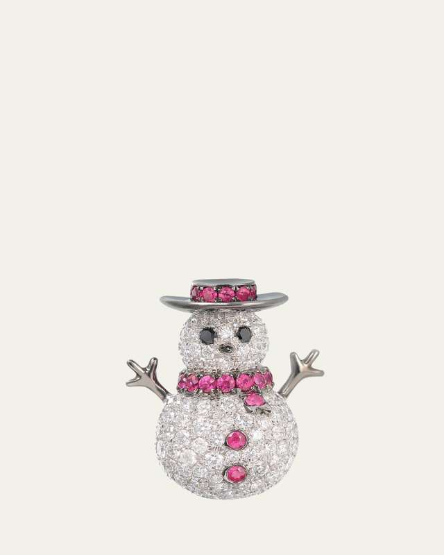 White Gold Snowman Single Earring with Diamonds, Rubies, and Black Diamonds